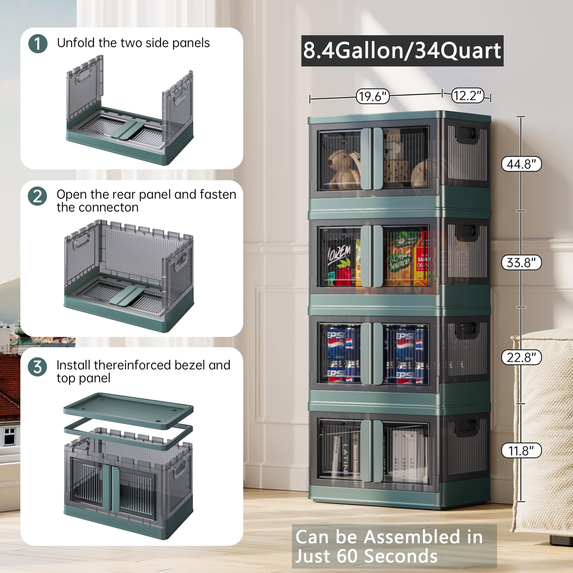 8.4 Gallon Collapsible Storage Bins with Lids, 3 Pack - Stackable Plastic Storage Cabinet with Doors & Wheels for Home Organization | Space-Saving Solution for Closet, Garage, Office & Kids Room Storage