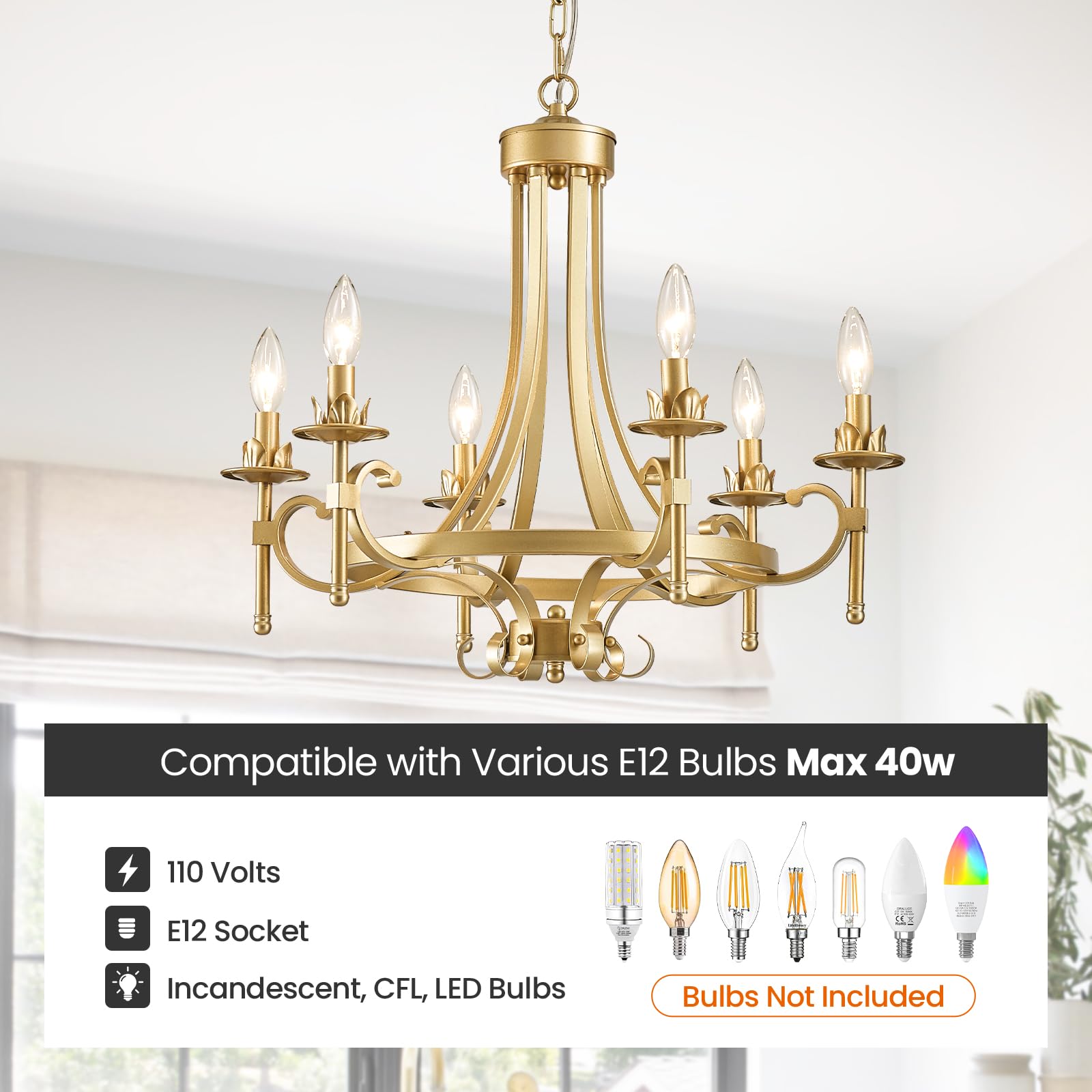 6-Light Modern Gold Farmhouse Chandelier - Rustic Iron Metal Pendant Lighting Fixture for Dining Room, Bedroom, Living Room, Kitchen & Foyer | Elegant Ceiling Light for Home Decor, Wedding & Restaurant Ambiance