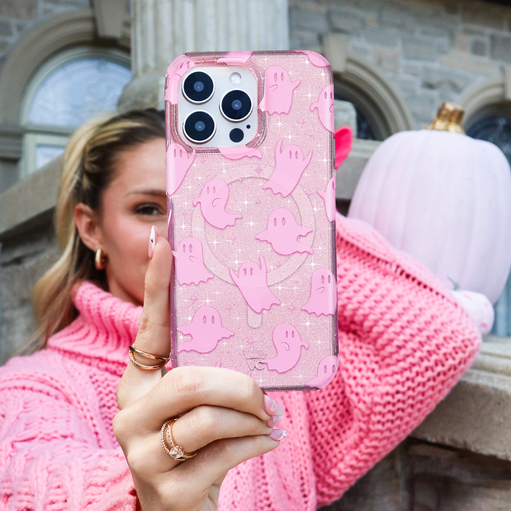 Pink Glitter iPhone Case with Ghosted Design - Trendy Protective Cover for iPhone 13/14/15 - Perfect for Parties, Everyday Use & Gift Giving