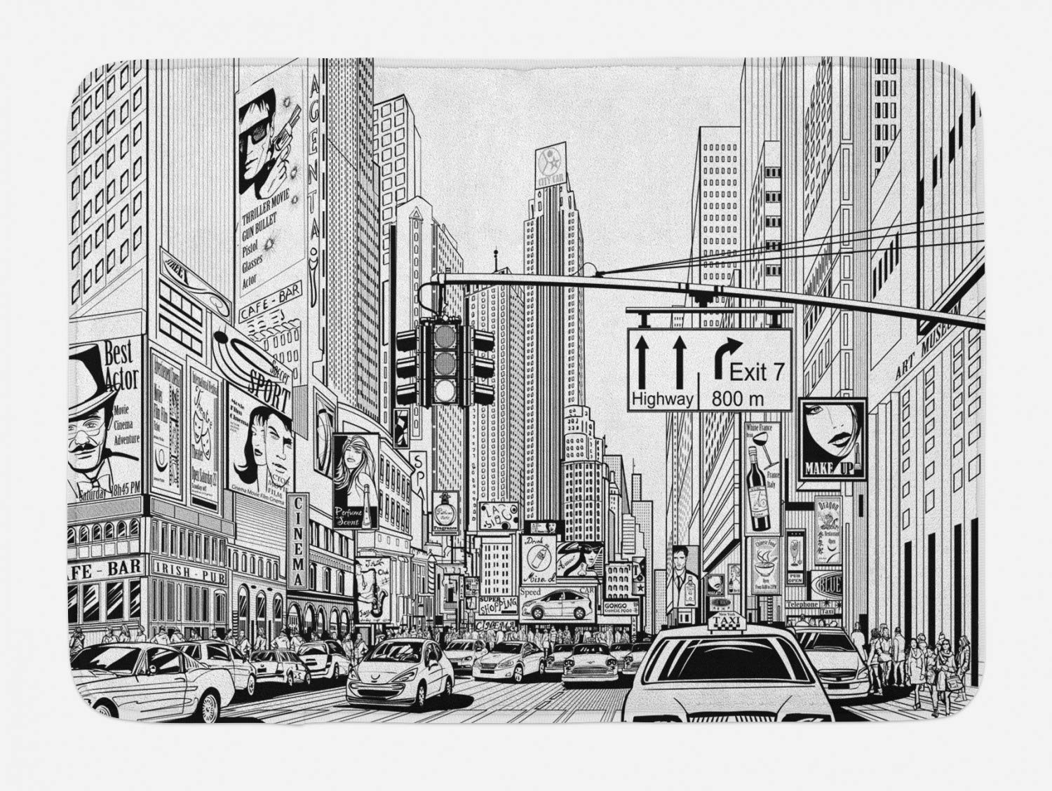 Ambesonne NYC Bath Mat - New York City Street Scene Monochrome Sketch with Cars, People & Buildings - Non-Slip Plush Bathroom Rug 30x20 Inches Charcoal Grey - Perfect for Modern Home Decor & Guest Bathrooms