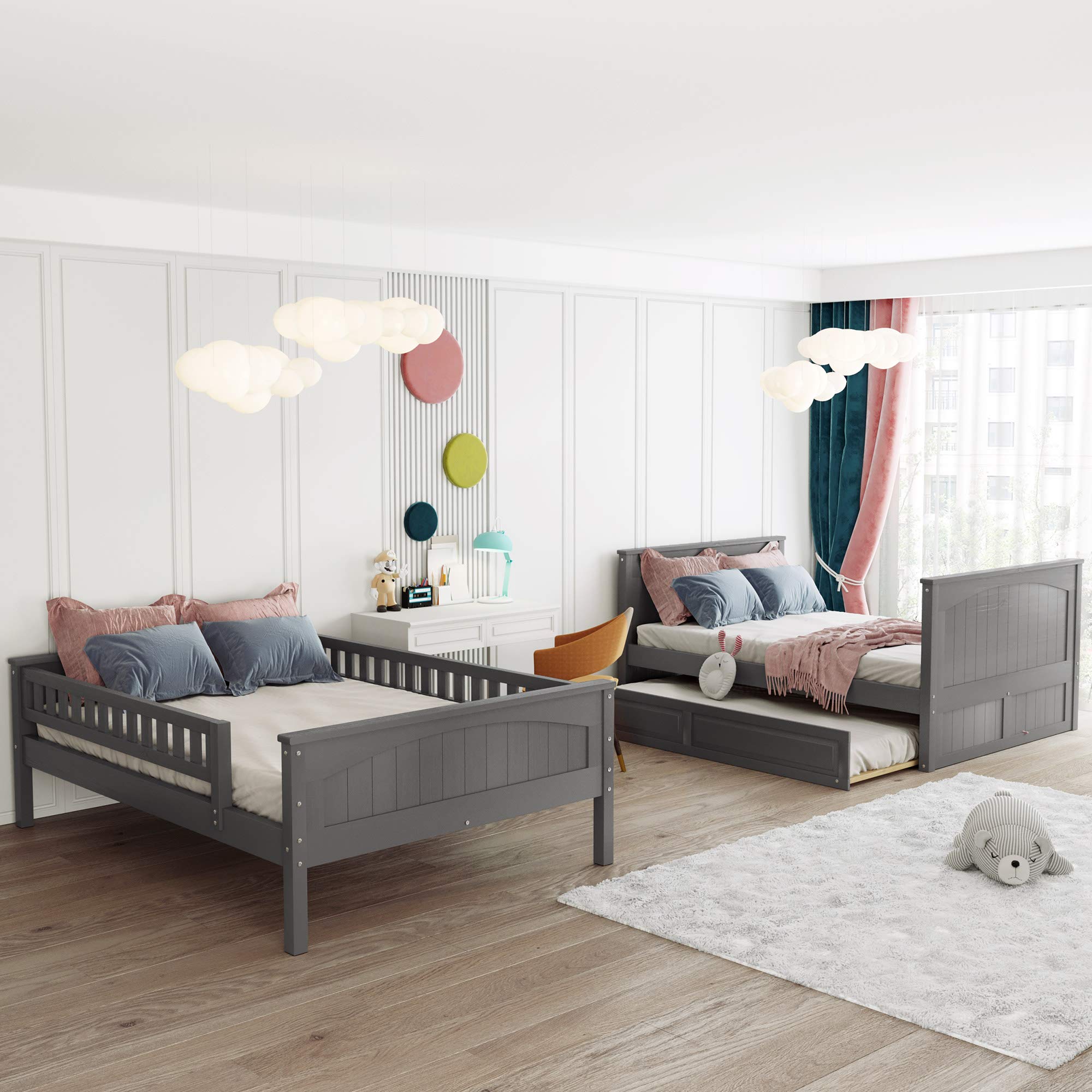Harper & Bright Designs Full Over Full Bunk Beds with Twin Trundle - Detachable Wooden Bunk Bed Frame with Safety Guard Rails, No Box Spring Needed (Brushed Gray) - Perfect for Kids' Bedroom, Guest Room & Space-Saving Solutions