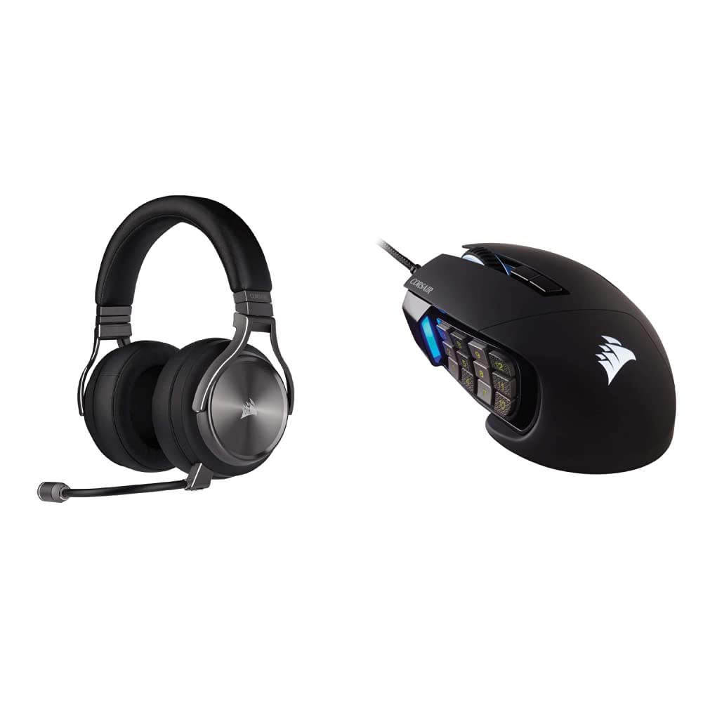 Corsair Virtuoso RGB Wireless SE Gaming Headset with Scimitar RGB Elite MMO Mouse - Gunmetal & Black, 18000 DPI Optical Sensor, Backlit RGB LED for PC, PS5, Xbox Series X - Perfect for Competitive Gaming & Streaming