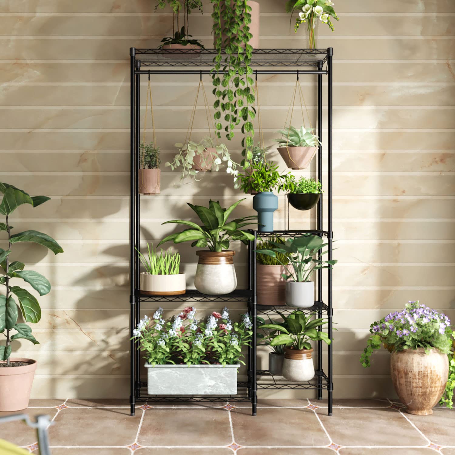 6-Tier Black Plant Stand with Hanger Rod - Indoor Outdoor Flower Shelf for 16 Pots - Perfect for Living Room, Balcony, Garden & Patio Decor