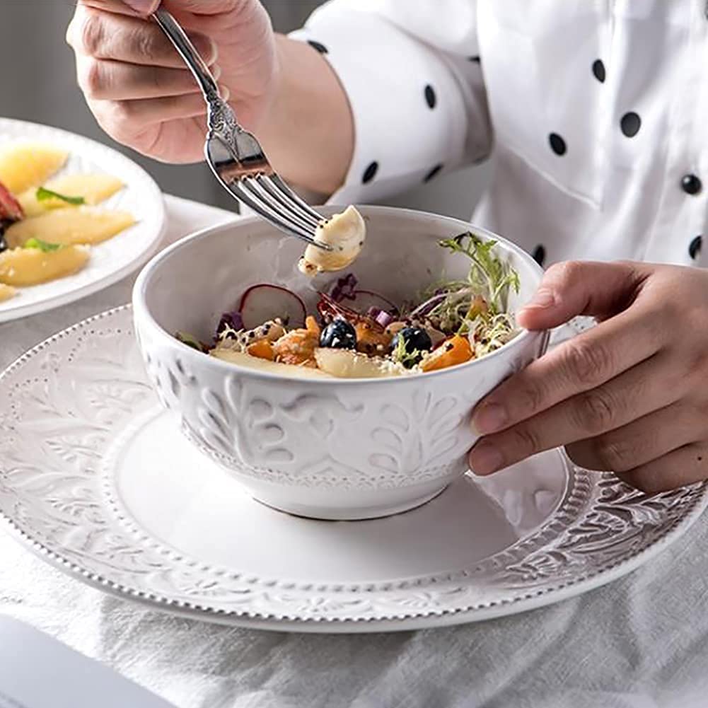 14-Piece White Ceramic Dinnerware Set with Retro Floral Embossing - Plates, Bowls & Mugs for Family Dining | Elegant Underglaze Tableware for 4 People | Perfect for Dinner Parties, Restaurants & Home Decor