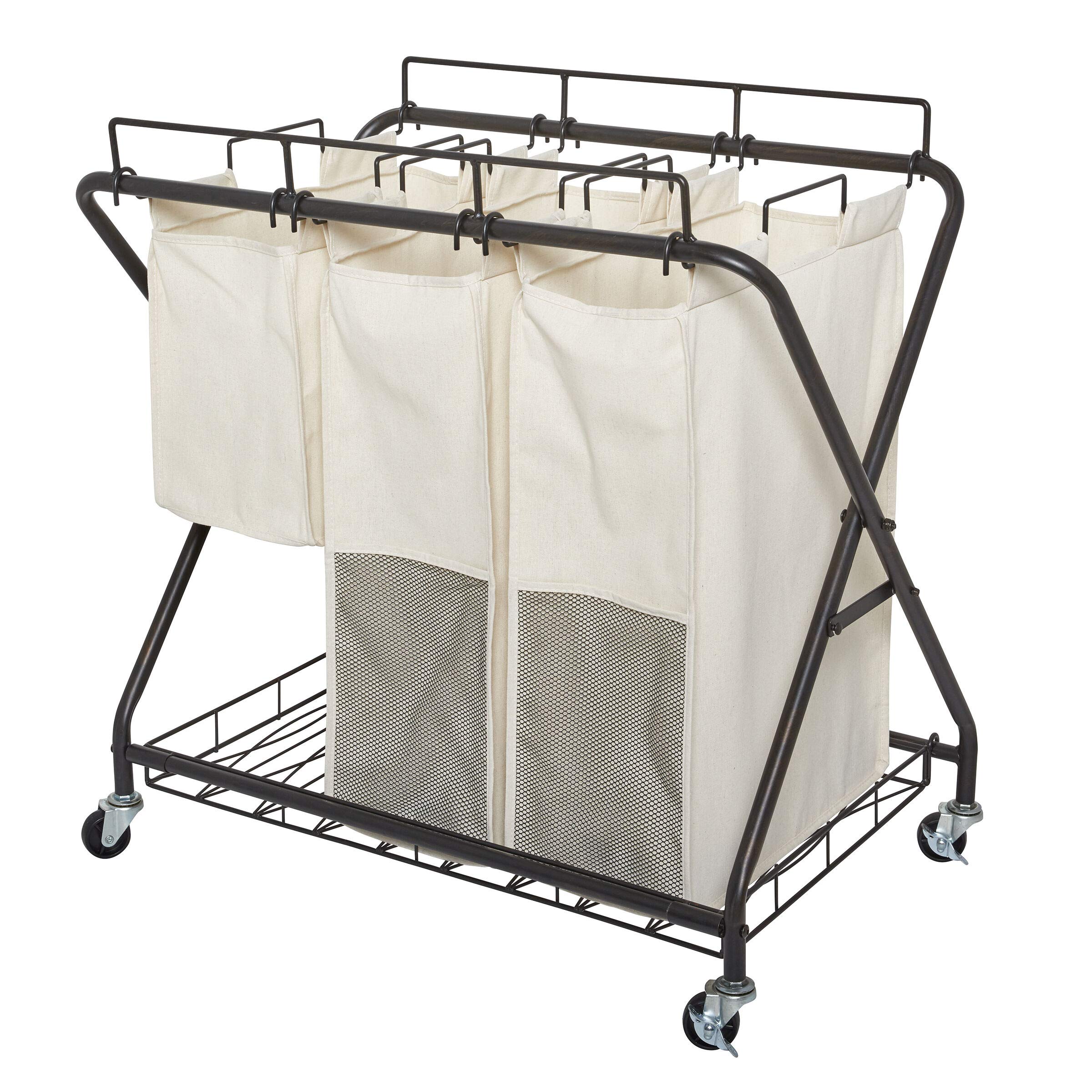 Verona 3-Bag Rolling Laundry Hamper Cart with Wheels - Foldable Clothes Hamper for Bedroom, Bathroom & Laundry Room Organization - Black