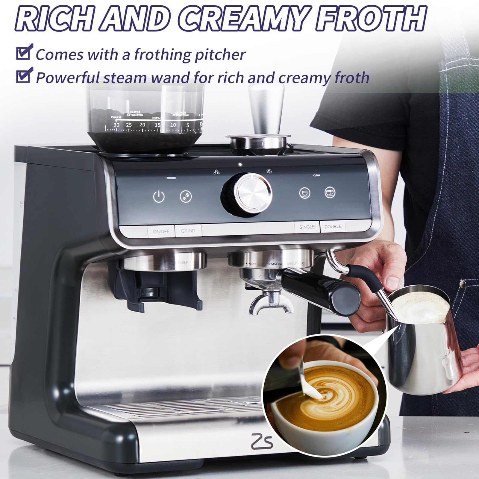 20 Bar Professional Espresso Machine with Built-in Grinder & Milk Frother - Home Coffee Maker for Espresso & Cappuccino with Removable Water Tank - Perfect Gift for Coffee Lovers (Home/Office/Cafe Use)