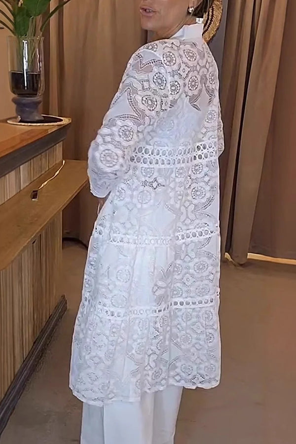 Elegant Solid Color Hollow Lace Lapel Button Down Long Sleeve Shirt for Women - Perfect for Office Wear, Date Night & Special Occasions