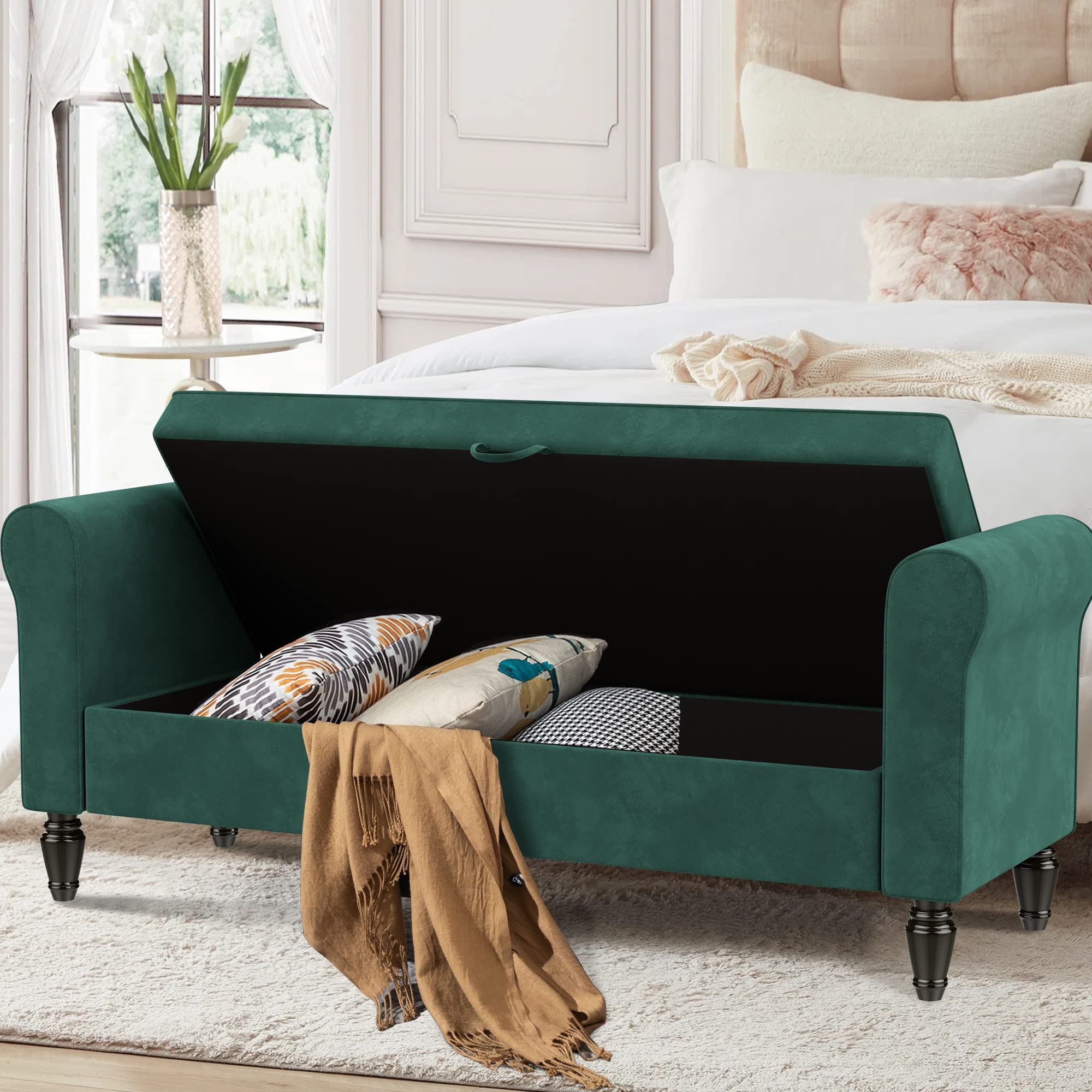 ALISH Modern Storage Bench with Arms - Button Tufted Upholstered Entryway Bench for Living Room & Bedroom - Green Velvet Ottoman with Hidden Storage | Perfect for Hallway Seating, Bed End Storage & Entryway Organization