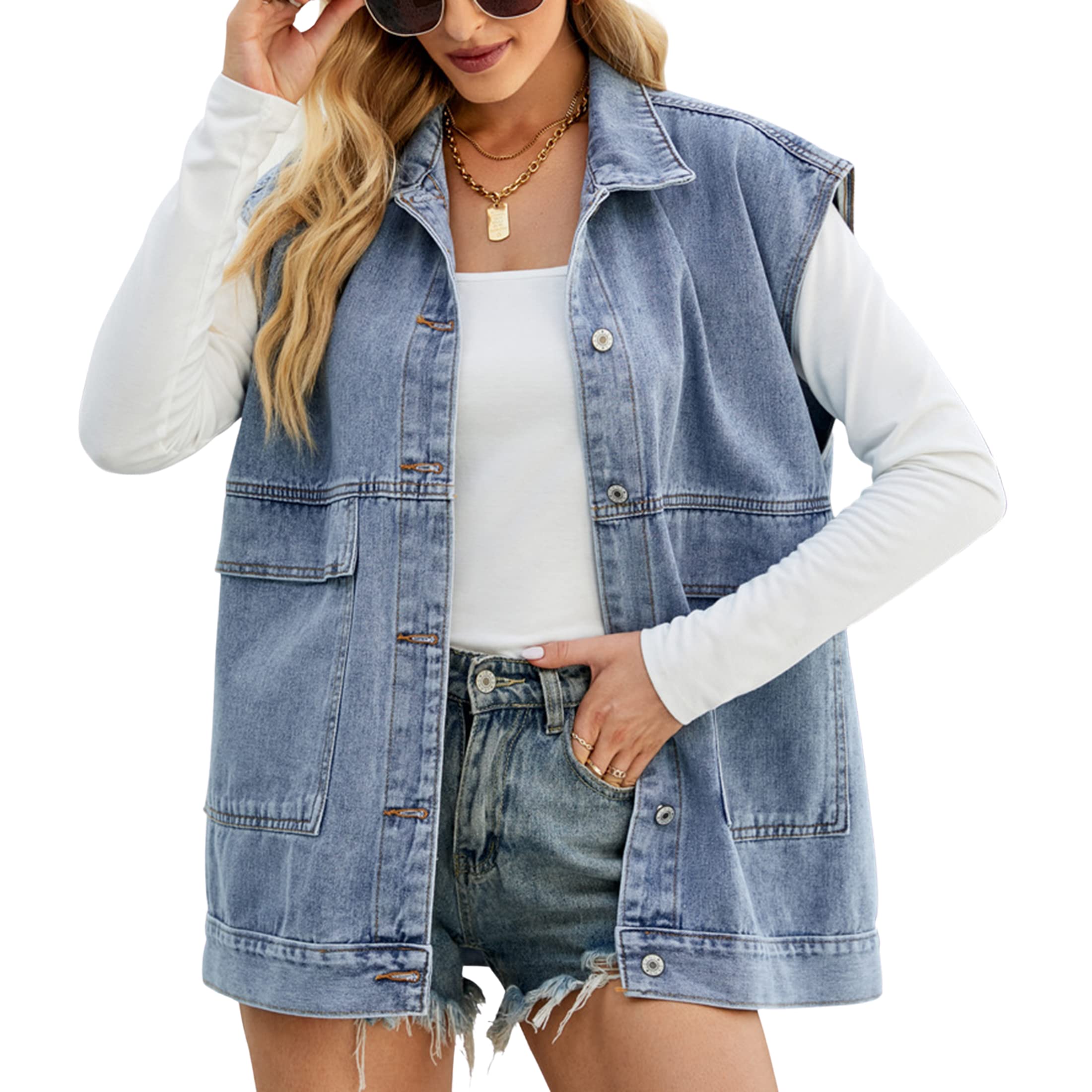 Women's Oversized Denim Vest Sleeveless Collar Loose Cargo Jean Jacket with Pockets - Casual Outerwear for Streetwear, Layering & Spring/Fall Fashion