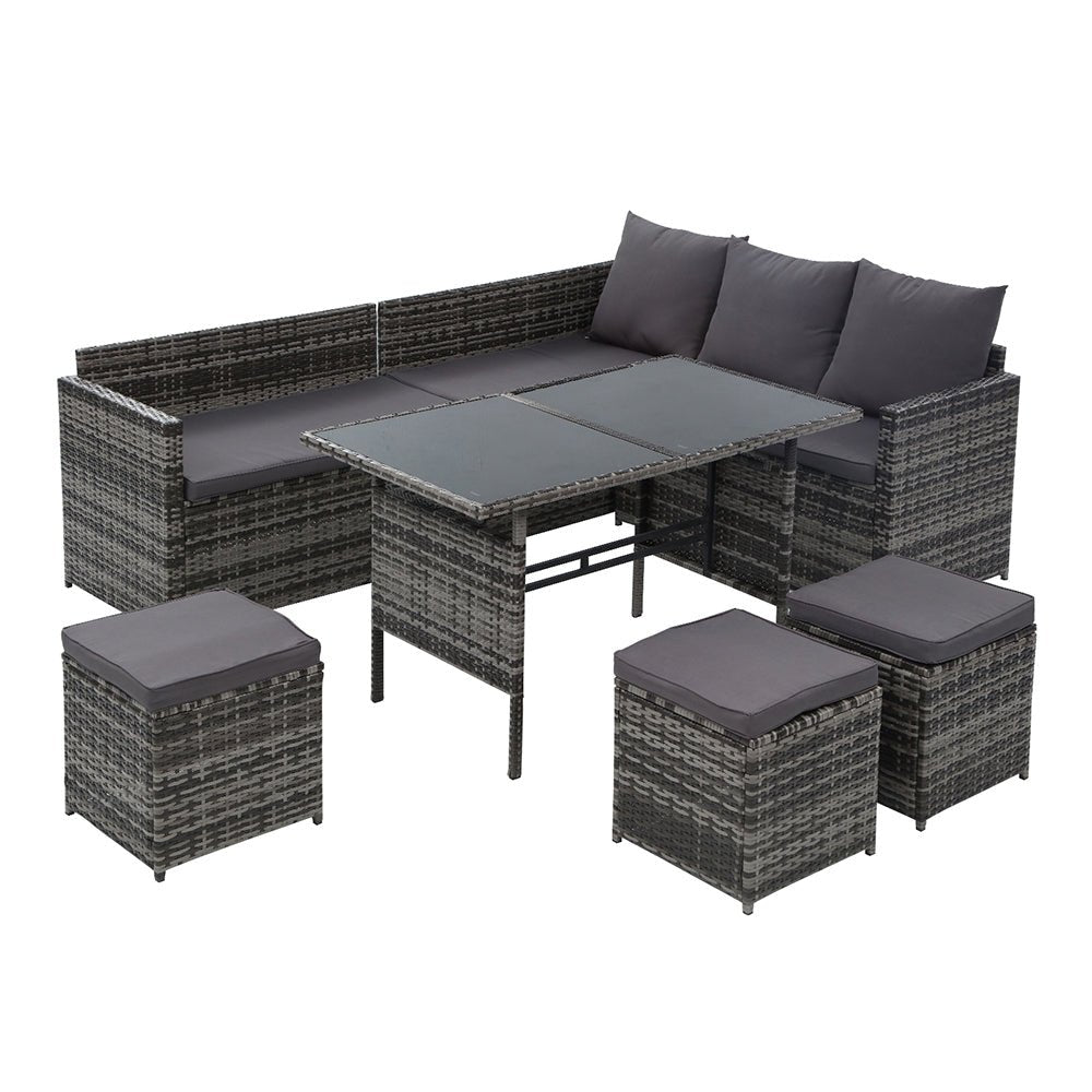 9-Seat Wicker Outdoor Patio Furniture Set with Storage Cover - Mixed Grey Color - Perfect for Backyard, Garden, Poolside & Terrace Relaxation