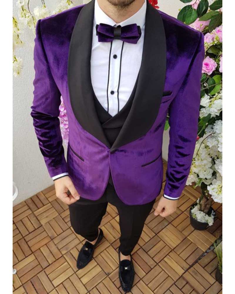 Elegant Purple & Black Velvet Shawl Lapel Tuxedo Suit for Men | Formal Wedding & Evening Wear | Perfect for Prom, Gala & Black Tie Events