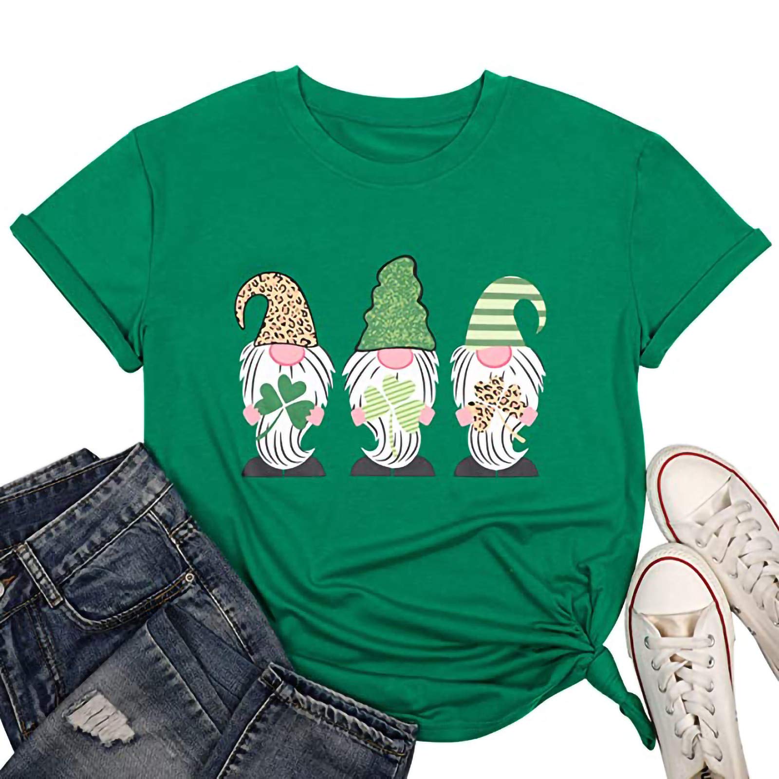 St. Patrick's Day Women's Short Sleeve T-Shirt - Plus Size Gnome Print Green Tunic Blouse for Casual Wear | Perfect for Irish Festivals, Pub Crawls & Spring Outfits