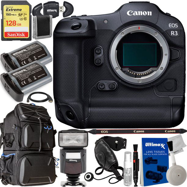 Canon EOS R3 Full Frame Mirrorless Camera Body with Accessory Bundle - SanDisk 128GB Extreme SDXC Card, 2 Extra Batteries, Waterproof Backpack - Perfect for Professional Photography, Travel & Outdoor Shooting