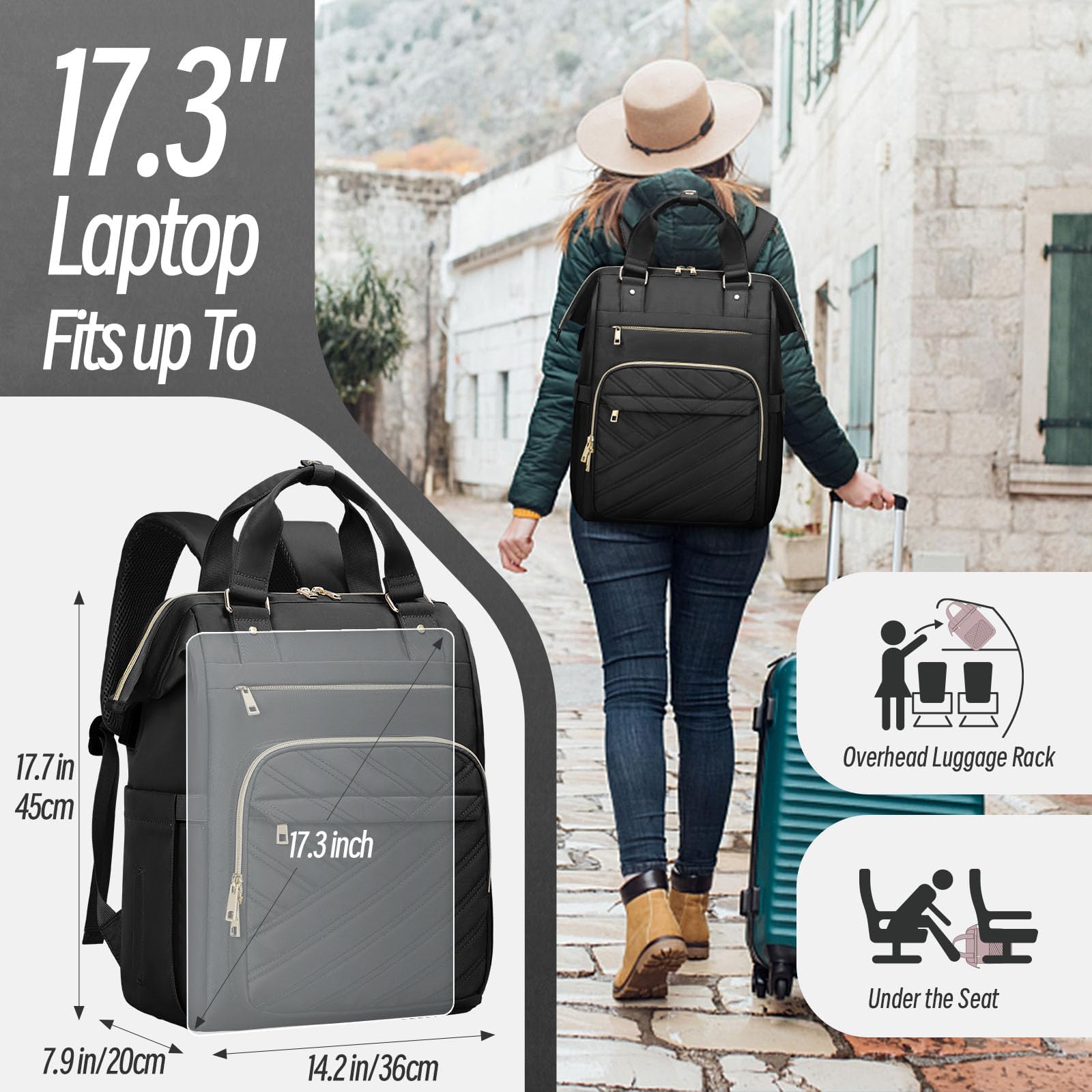 17.3 Inch Women's Laptop Backpack - Stylish Waterproof USB Charging Backpack for College, Work & Travel - Teacher Nurse Daypack Purse with Multiple Pockets (Black) - Perfect for Commuting, Campus & Business Trips