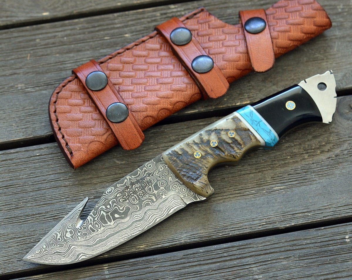 Premium Damascus Steel Gut Hook Knife with Ram Horn & Turquoise Handle - Hunting, Camping & Outdoor Survival Essential