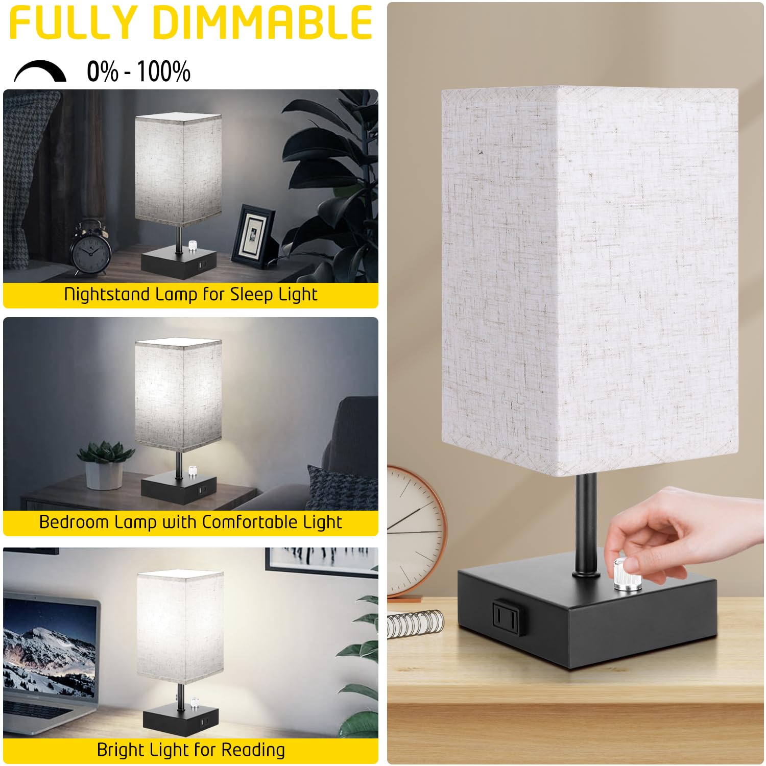 2-Pack Dimmable Bedside Lamps with USB-C/A Ports & AC Outlet - Modern Square Beige Fabric Shade & Black Metal Base Nightstand Lamps (LED Bulbs Included) for Bedroom, Kids Room, Nursery & Home Office Lighting
