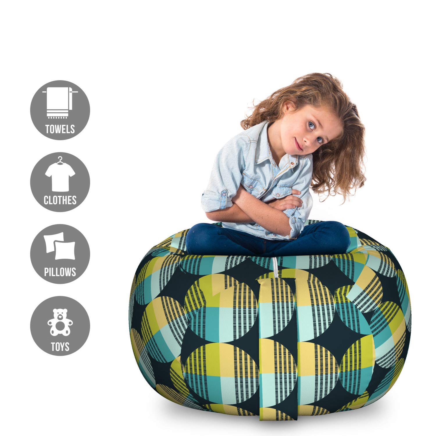 Ambesonne Abstract Toy Storage Bag Chair - Large Washable Organizer for Stuffed Animals with Retro Geometric Pattern, Multicolor - Perfect for Kids' Rooms, Playrooms & Nursery Organization