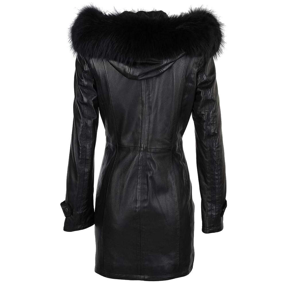 Premium Black Glossy Genuine Lambskin Leather Long Coat for Women - Elegant Winter Trench Coat for Office, Dating & Special Occasions