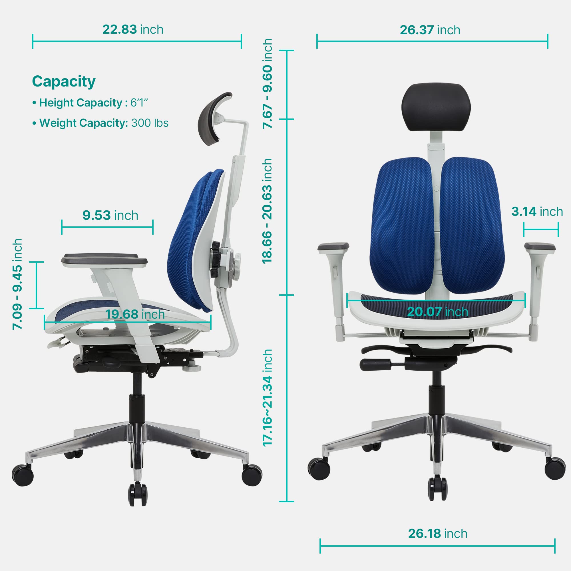 Duorest Alpha Ergonomic Office Chair - Dual Backrest Design for Lower Back Pain Relief, Adjustable Mesh Executive Chair for Home & Office Workspace (White/Blue) - Perfect for Long Hours Sitting, Gaming & Remote Work