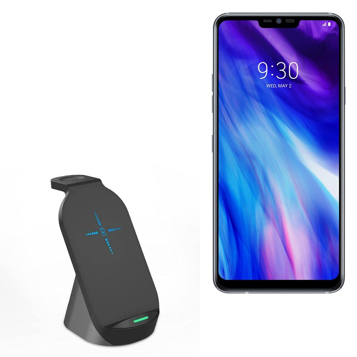 BoxWave Compact Wireless MultiCharge Stand - Qi-Certified Charger for LG G7+ ThinQ, Smartwatch & Earbuds | Fast Charging Station for Home, Office & Travel (Jet Black)