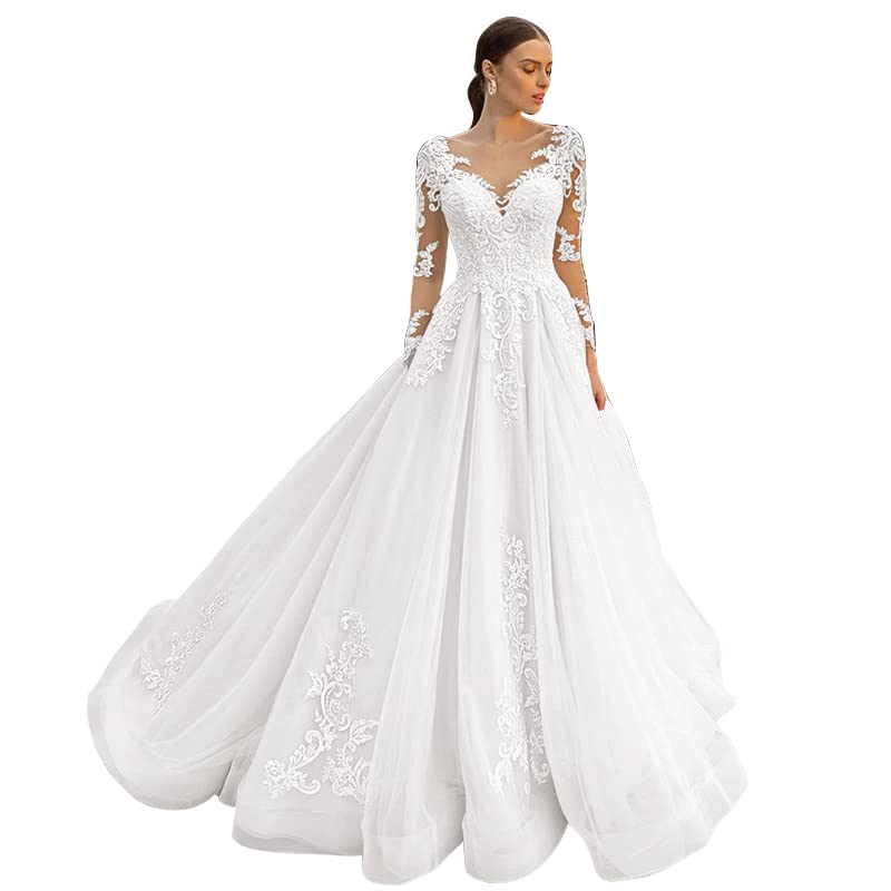 Elegant V-Neck Lace Wedding Dress 2024 | Princess Tulle Ball Gown with Long Sleeves | Bridal Gown for Women | Perfect for Church Ceremony, Beach Wedding & Reception