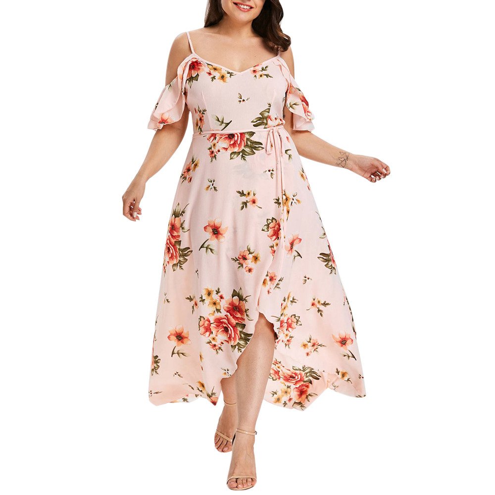 Boho Cold Shoulder Sleeve Women's Floral Print Short Dress - Plus Size Casual Summer Dress (Pink, XXXXL) for Beach Vacation, Date Night & Outdoor Parties