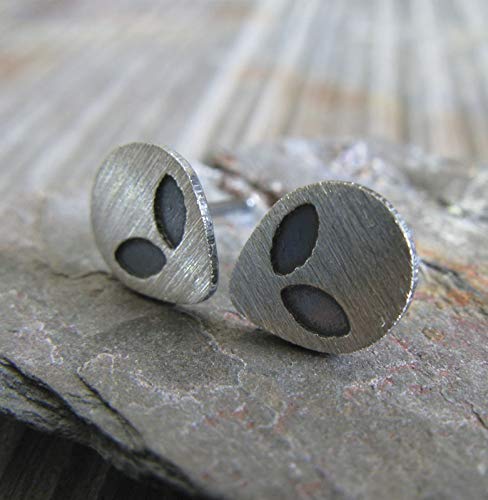 Handmade Alien Stud Earrings in Brushed Sterling Silver - USA Made | Unique Sci-Fi Jewelry for Everyday Wear & Cosplay