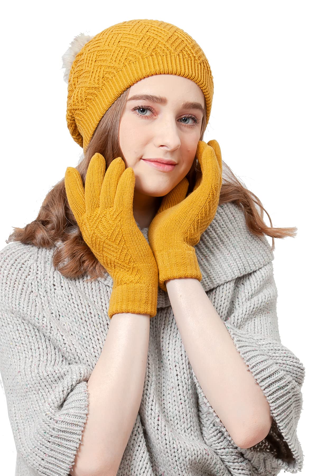 BYOS Women's Winter Accessories Set - Knit Beanie Hat, Gloves & Scarf - Warm Cozy Gift for Her - Perfect for Snow Days, Skiing & Holiday Outfits