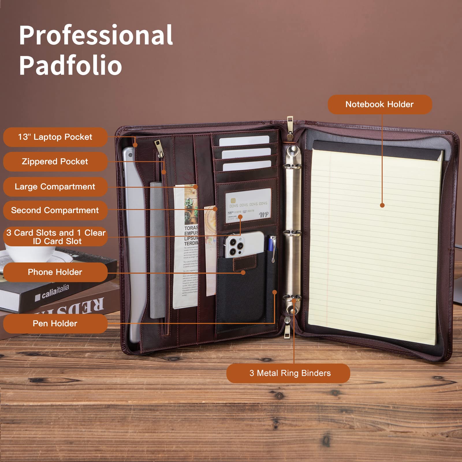 Premium Full Grain Leather Portfolio with 3-Ring Binder | Zippered A4 Notebook Holder & Laptop Sleeve | Professional Organizer for Business Meetings, Office Work & Travel | Oil-Tanned Dark Brown Leather Gift for Men & Women