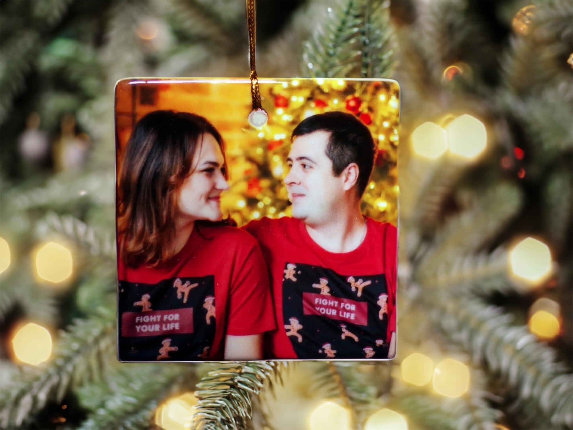 Custom Photo Ornament - Personalized Porcelain Ceramic Keepsake with Gold String & Gift Bag - Add Your Own Text, Art or Design - Perfect for Christmas, Weddings & Family Gifts (Square Shape)