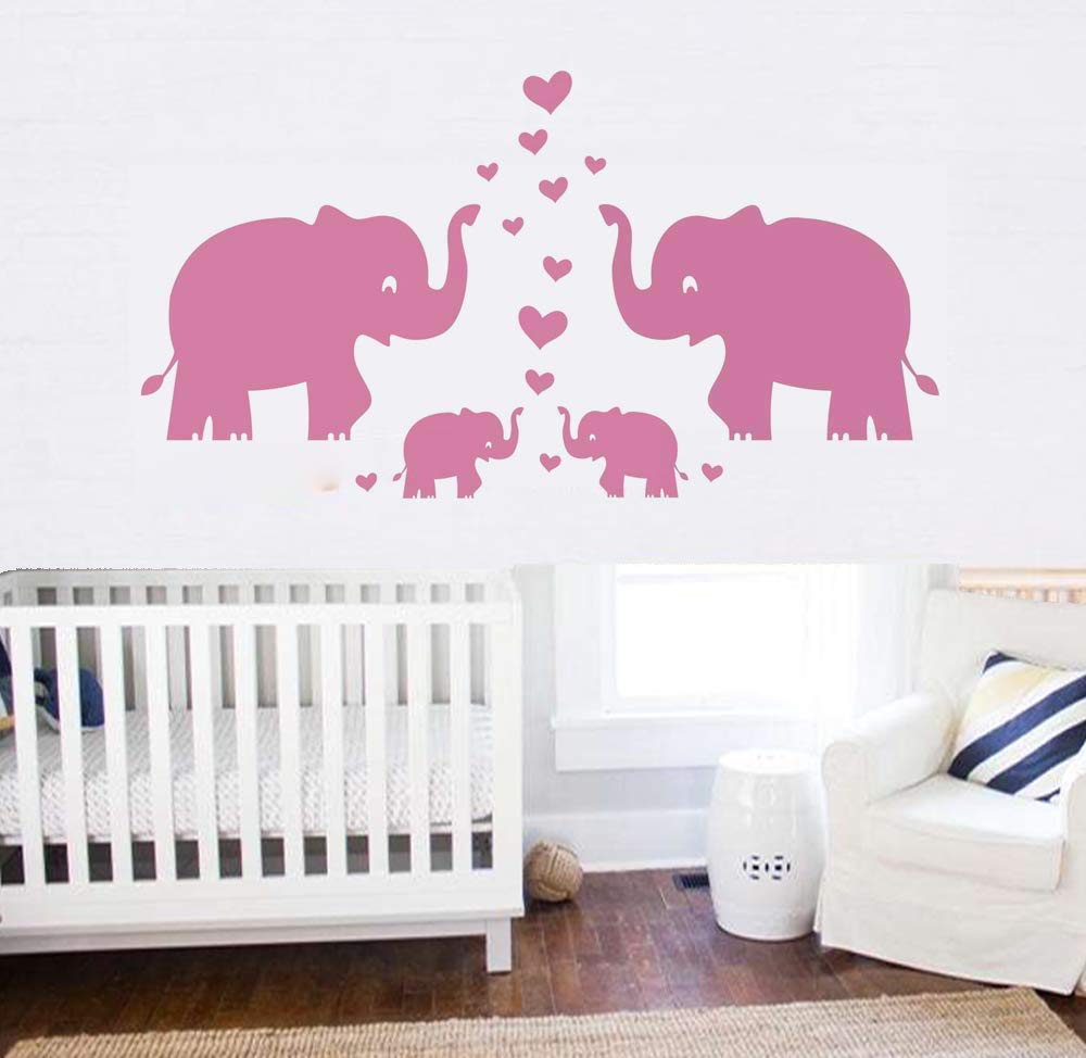 Pink Elephant Wall Decals for Nursery & Kids Room Decor - Heart Family Theme