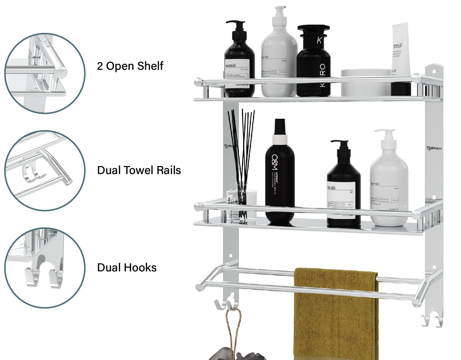 GRIVAN Stainless Steel Double Layer Bathroom Shelf with Towel Rod - Wall Mount Organizer for Bathroom Storage, Chrome Finish - Perfect for Small Spaces, Shower Caddies & Bath Accessories Organization