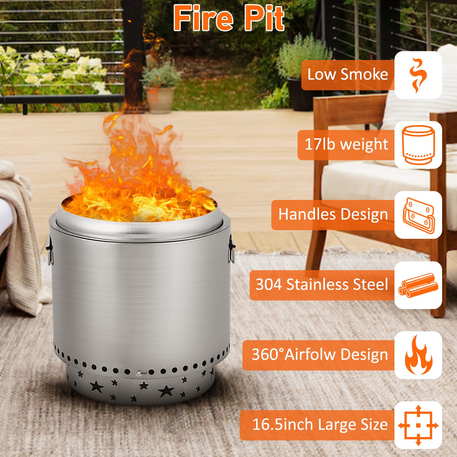GARVEE 16.5 Inch Smokeless Fire Pit with Handle - Portable Outdoor Wood Burning Fireplace - Stainless Steel Fire Pit with Removable Ash Pan & Poker - Perfect for Backyard, Patio, Camping & Bonfire Nights