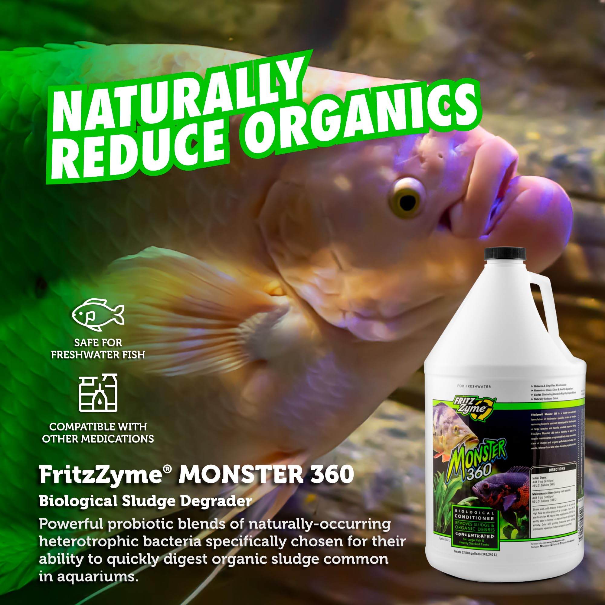 FritzZyme Monster 360 Concentrated Biological Aquarium Conditioner for Freshwater Fish Tanks - 1 Gallon - Promotes Healthy Bacteria & Water Clarity - Ideal for New Tank Setup & Maintenance