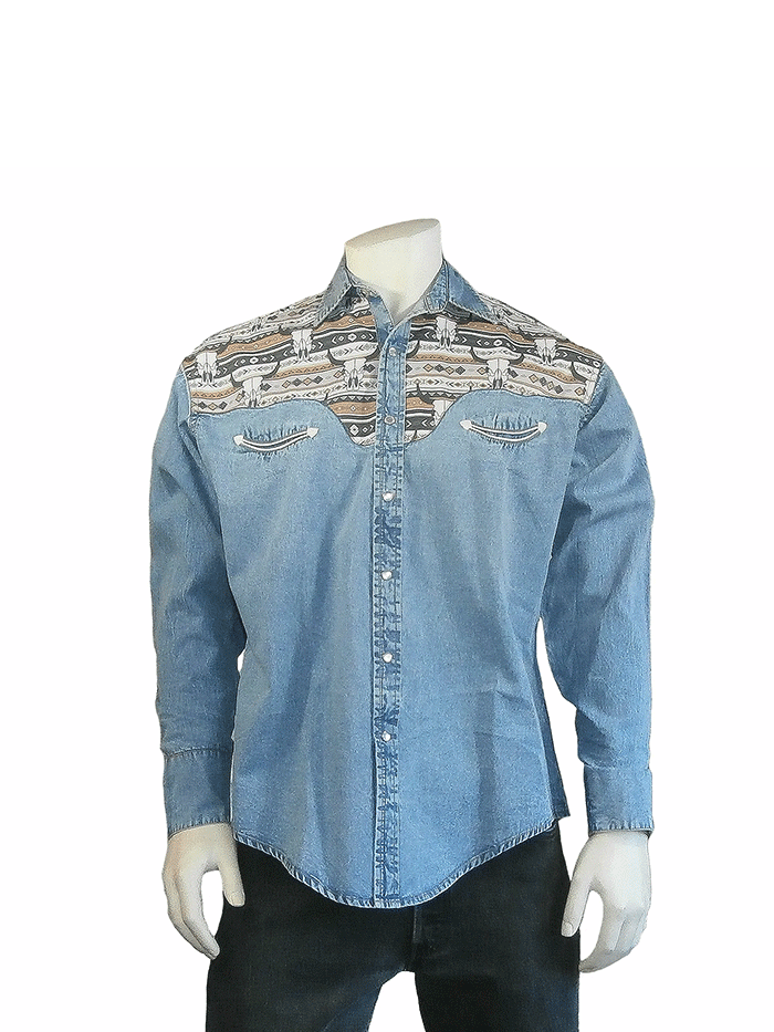Rockmount 6721 D Men's Vintage Two-Tone Denim Western Shirt with Steer Skull Embroidery - Perfect for Cowboy Rodeo, Country Music Festivals & Western Fashion