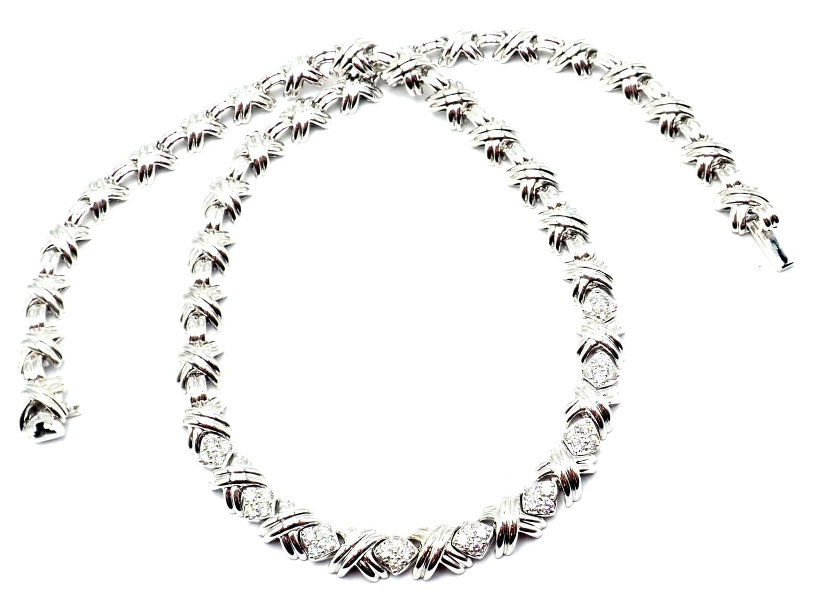 Authentic Tiffany & Co 18k White Gold Diamond Cluster Signature X Link Necklace for Women - Elegant Gift for Anniversary, Wedding & Special Occasions