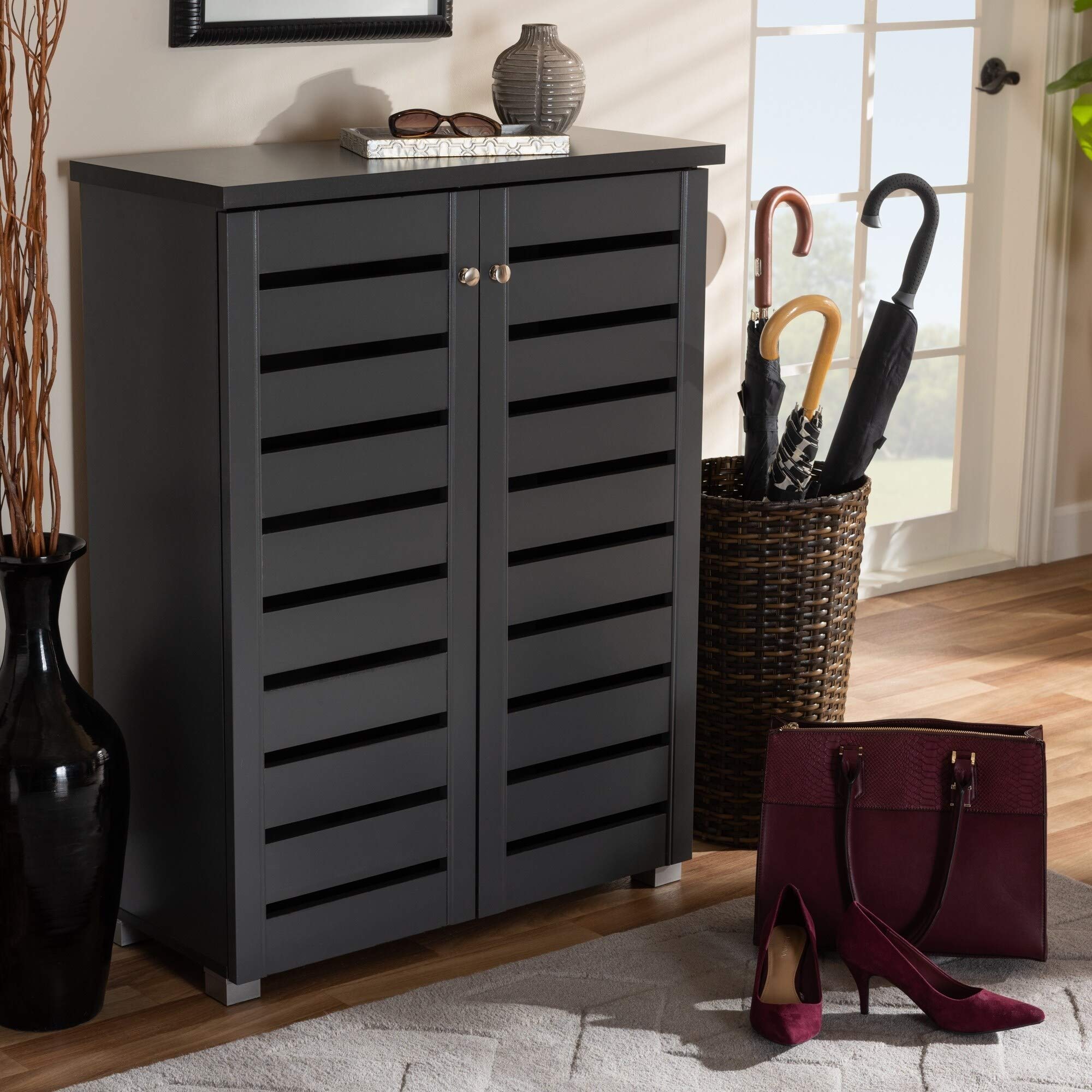 Modern Grey Wooden Shoe Storage Cabinet with Hardware - Perfect for Entryway, Closet & Bedroom Organization