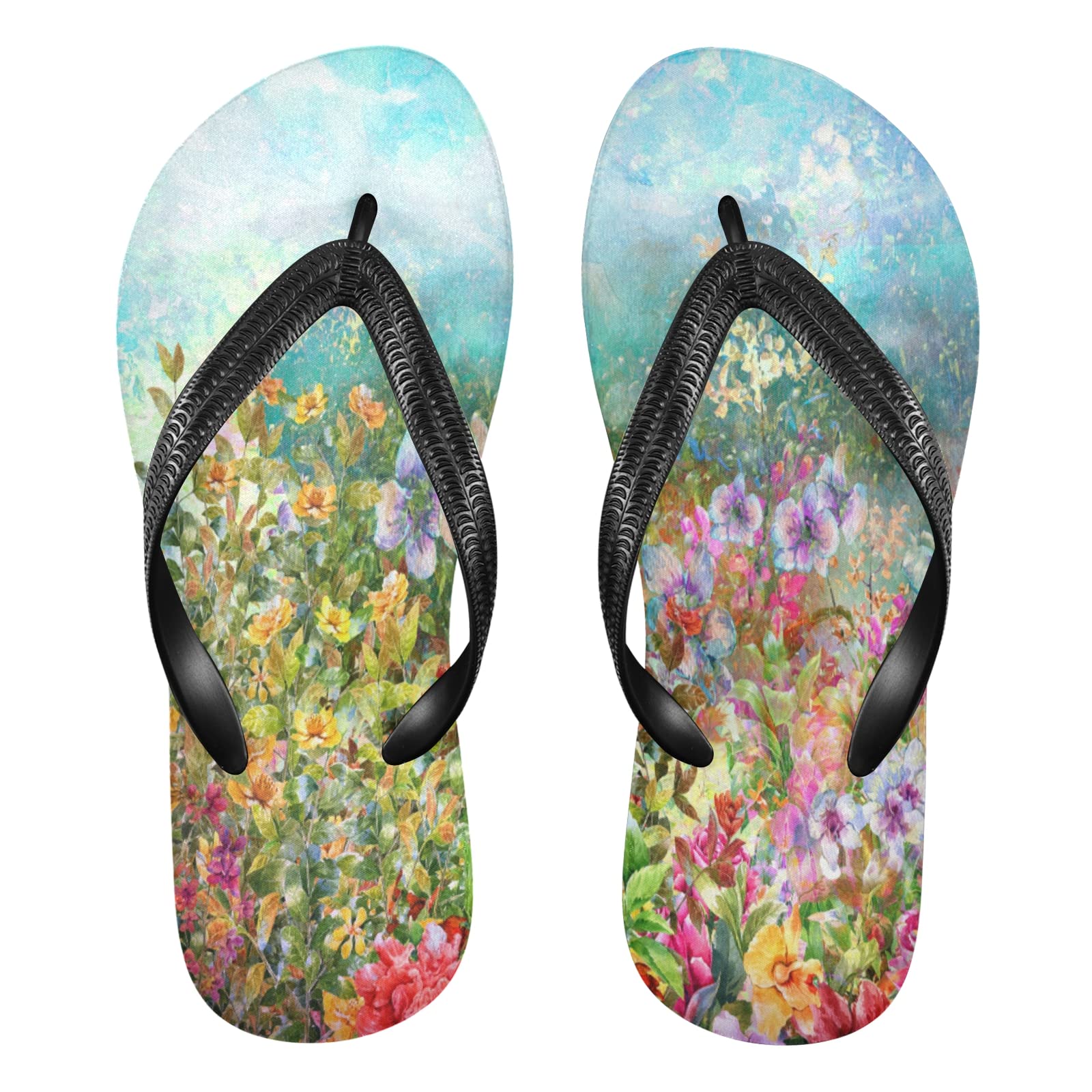 Women's & Men's Non-Slip Flip Flops - Fashion Beach Sandals with Floral Watercolor Design | Comfortable Rubber Shower Slippers for Travel, Hotel, Sports & Summer Outings