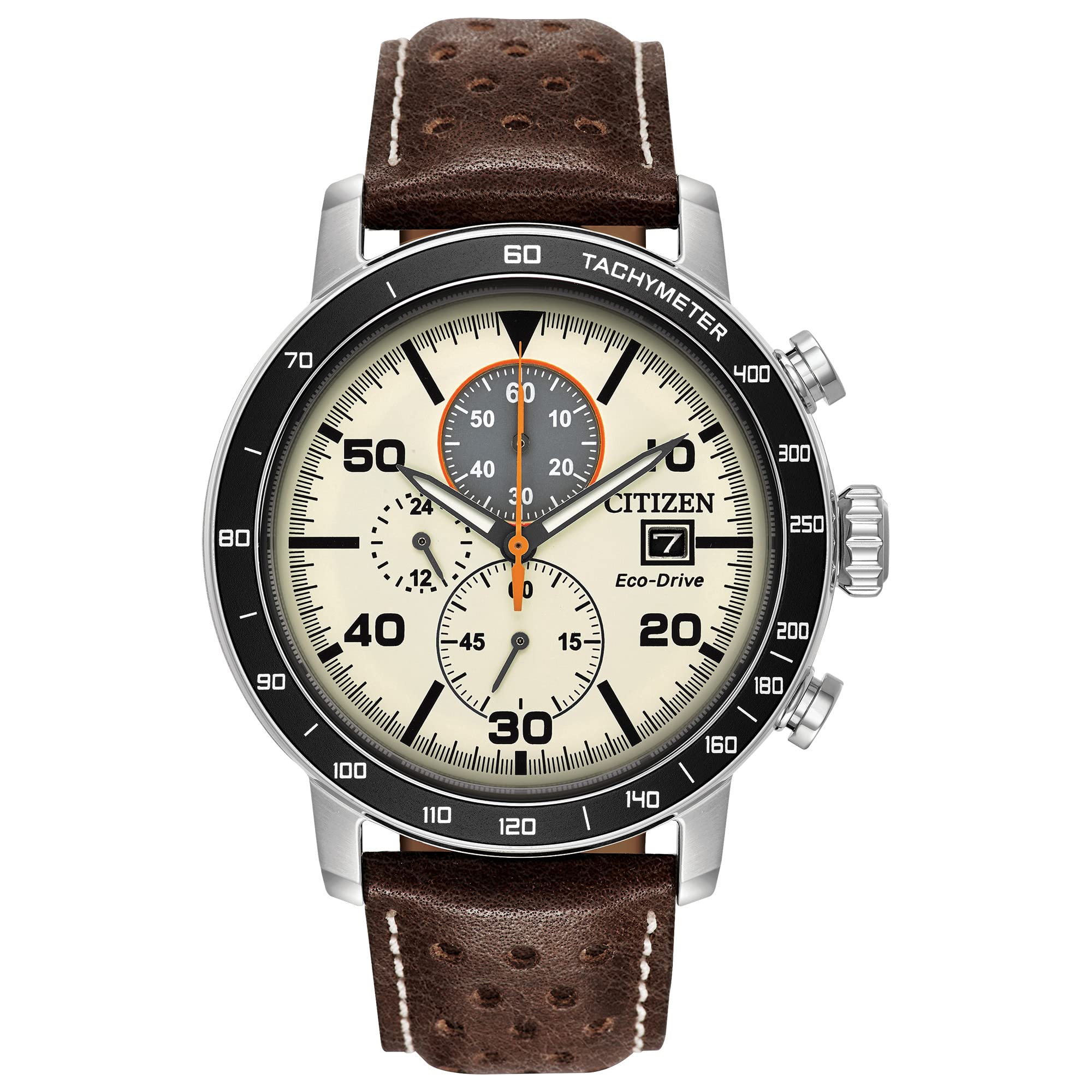 Citizen Men's Eco-Drive Weekender Brycen Chronograph Watch - Stainless Steel Case, Brown Leather Strap, Ivory Dial (Model CA0649-06X) | Solar Powered, Water Resistant | Perfect for Business, Casual & Outdoor Activities