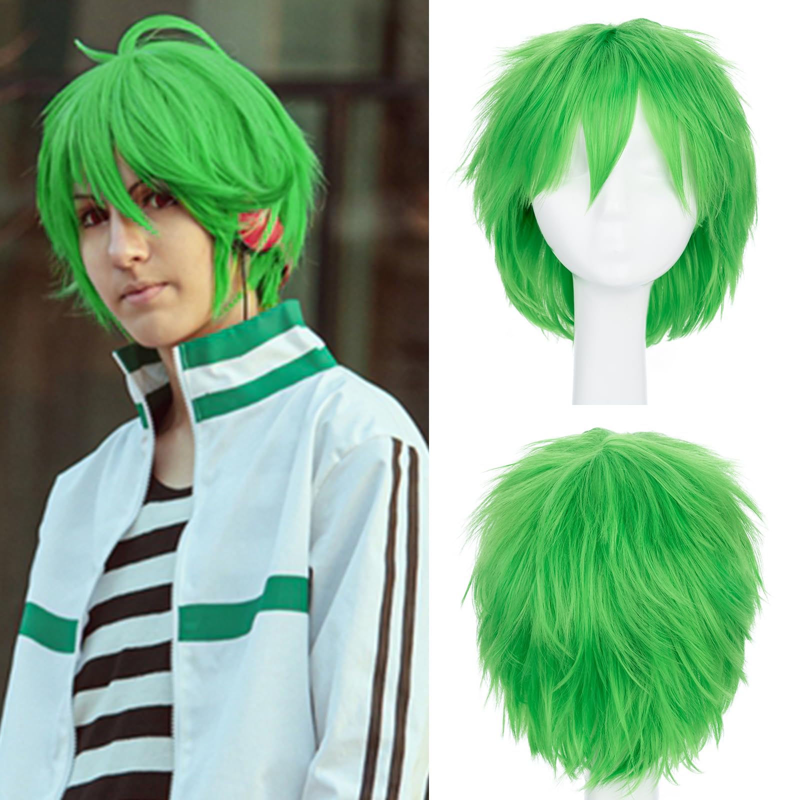 S-noilite Unisex Short Cosplay Wig for Women & Men - Fluffy Straight Anime Synthetic Hair - Green Pixie Wig for Halloween, Comic Con, and Costume Parties