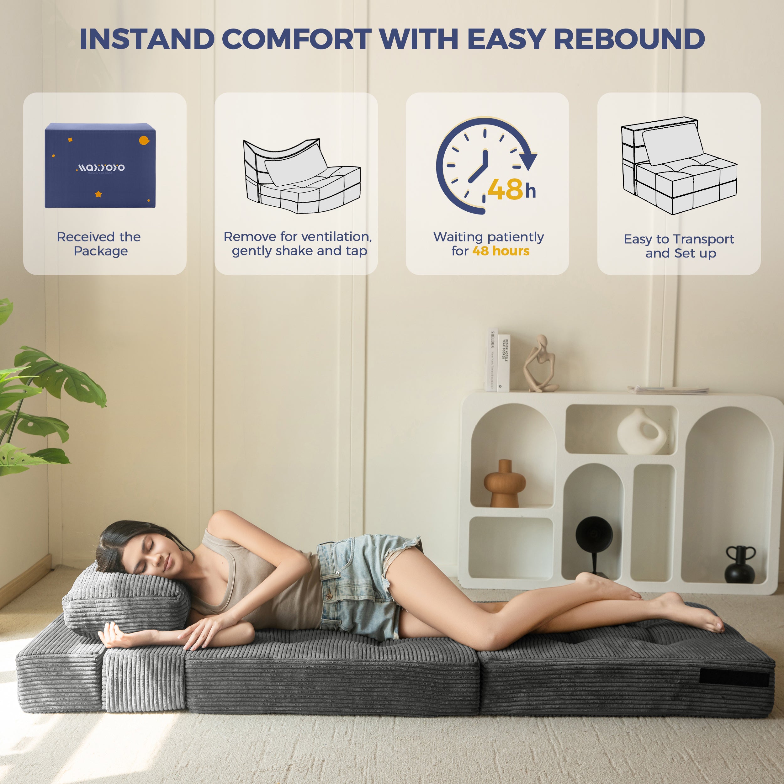 MAXYOYO 3-in-1 Convertible Sofa Bed - Foldable Single Sleeper Sofa with Pillow, Foam Floor Couch & Lazy Chair for Living Room, Bedroom or Guest Room (Dark Grey) | Perfect for Small Spaces, Overnight Guests & Cozy Lounging
