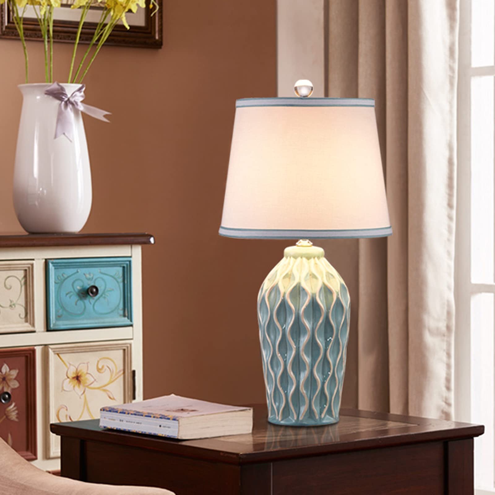 TOMYEUS Nordic Style Ceramic Bedside Lamp with Fabric Lampshade - 19.7