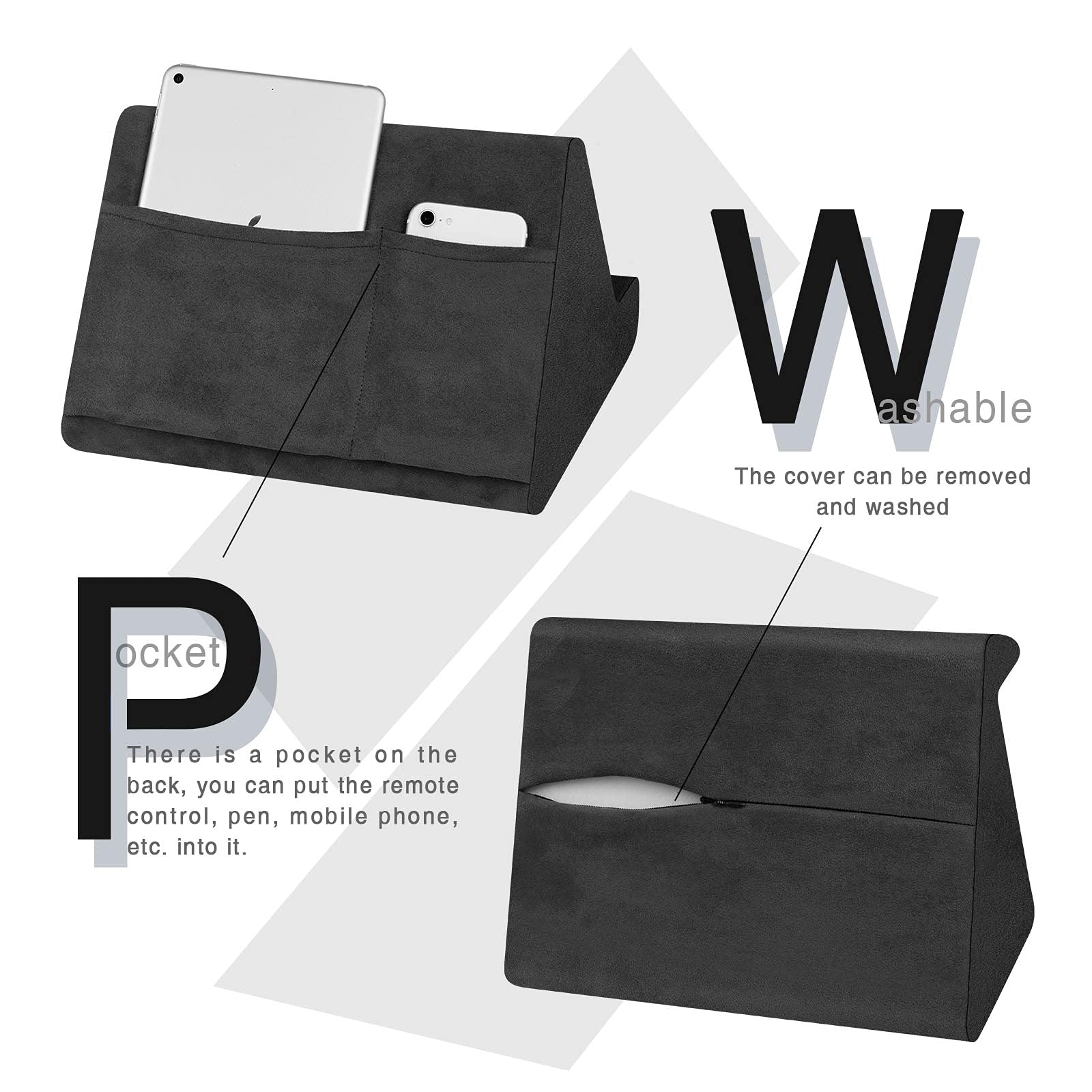 Adjustable Tablet Stand Pillow with Pocket - 3 Viewing Angles, Soft Cushion Holder for iPad, Tablet, eReader, Smartphone, Book & Magazine - Perfect for Bed, Sofa & Travel (Black)