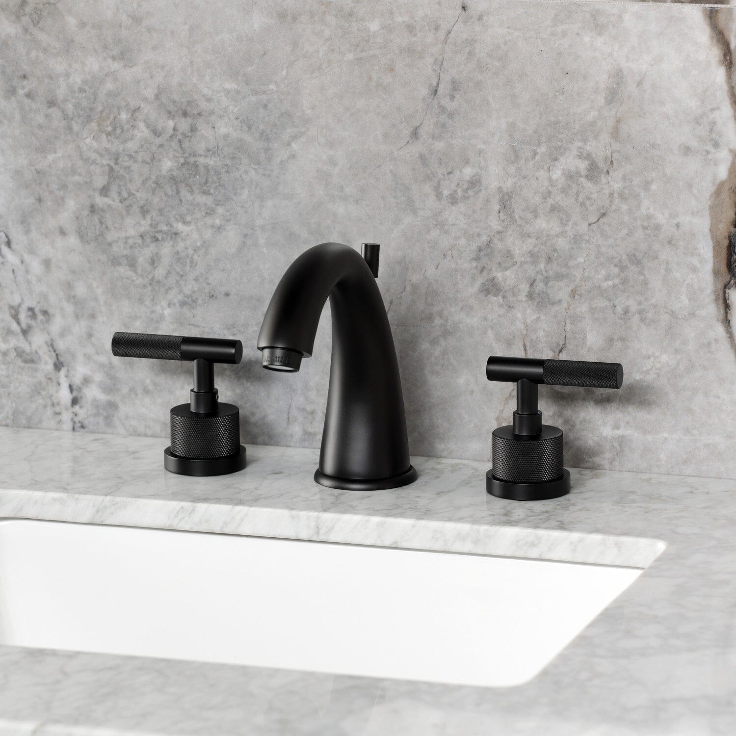 Convergent Two Handle 3 Hole Deck Mount Widespread Bathroom Faucet with Knurled Handle and Brass Pop Up - Modern Bathroom Sink Faucet for Vanity, Powder Room & Guest Bath Installation
