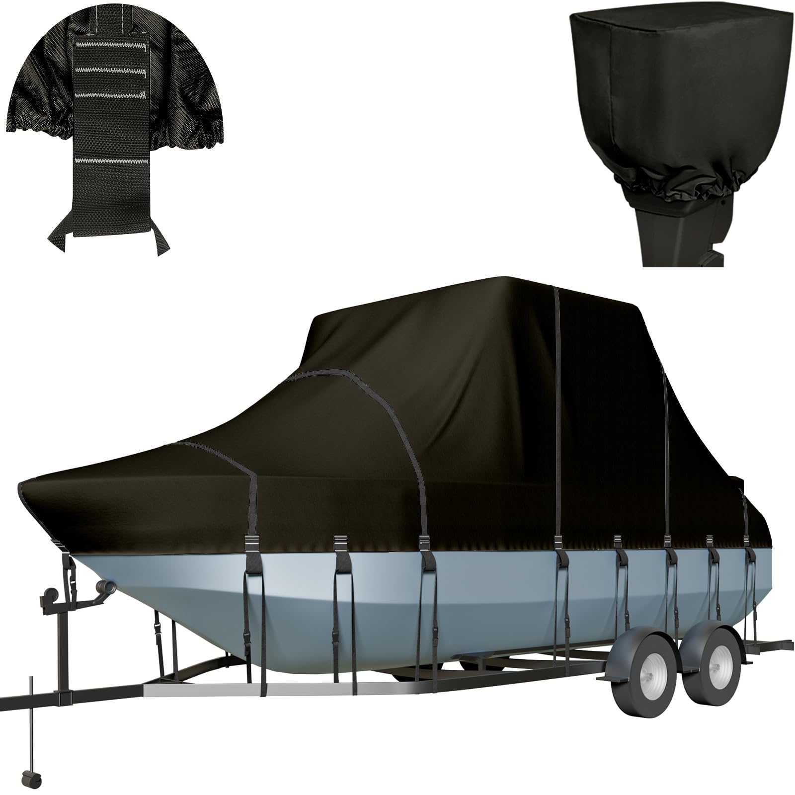 Trailerable T-Top Boat Cover - 900D Solution Dyed Hard Top Cover with 21 Windproof Straps & Motor Cover - Fits 23'-25' Center Console Boats (Beam Width Up to 106
