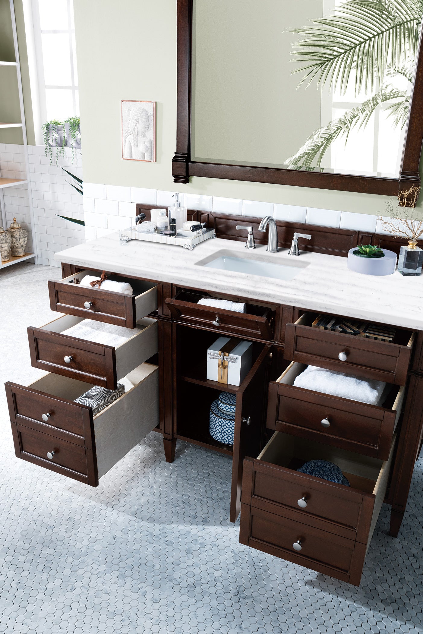 Brittany 60-Inch Burnished Mahogany Single Bathroom Vanity with 3CM Arctic Fall Solid Surface Countertop - Perfect for Modern Master Bathrooms and Powder Rooms