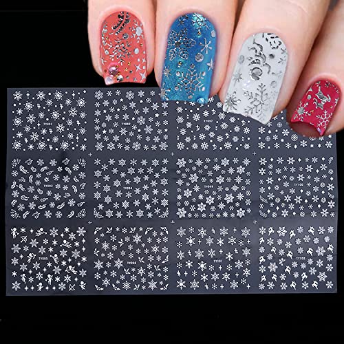 12 Sheets Christmas Nail Art Stickers - Silver Winter Holiday Nail Decals for Women & Kids | Xmas New Year Nail Decorations, Adhesive Foils & Accessories | Perfect for Acrylic Nails, Party Nail Art & Festive Manicures