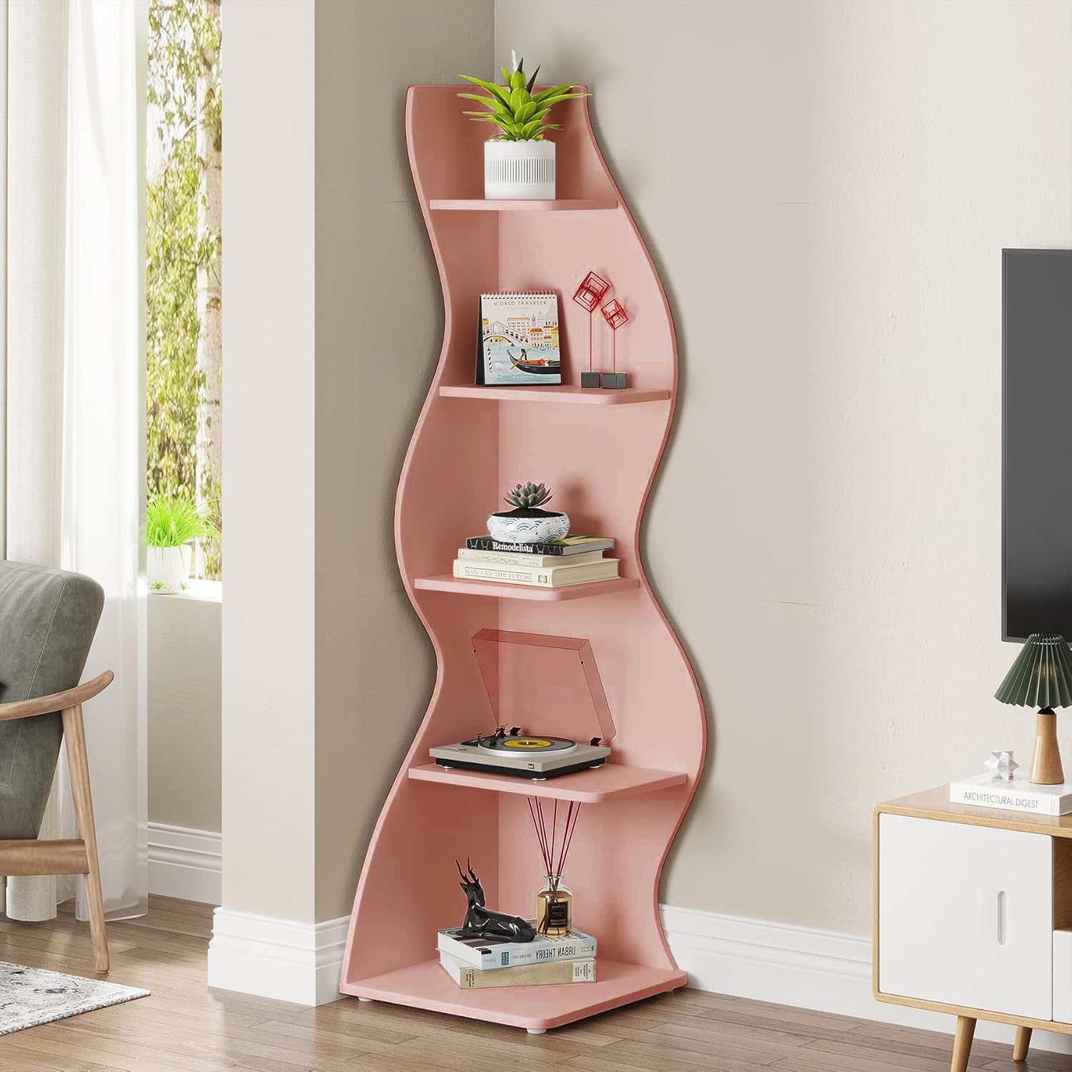 5 Tier Corner Shelf - Modern Wall Mounted Corner Bookshelf for Living Room, Bedroom, Office | Space Saving Storage Solution for Books, Plants & Decor