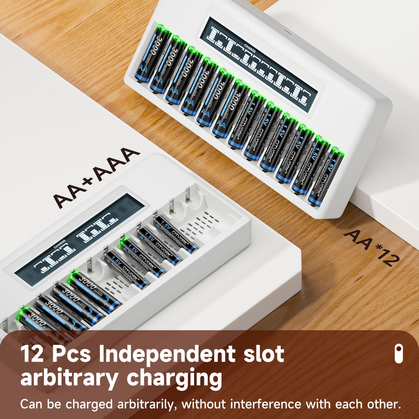 CITYORK 12 Slots AA AAA Battery Charger for 1.5V Rechargeable Lithium Batteries with LCD Display & Fast Charging - Perfect for Cameras, Toys, Remote Controls, and Electronic Devices