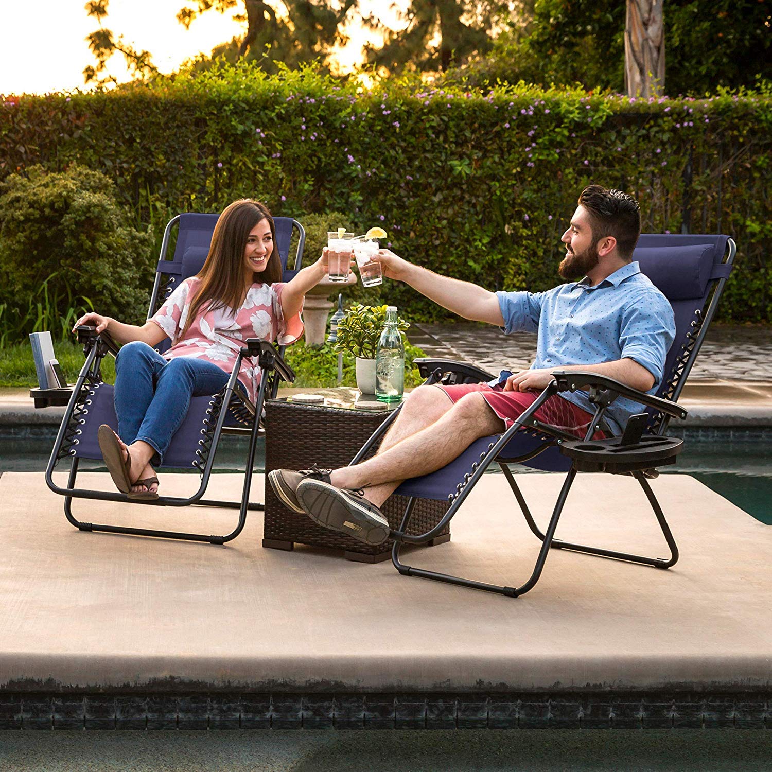 Zero Gravity Recliner Chairs Set of 2 with Pillow & Cup Holder - Adjustable Outdoor Lounge Chairs for Patio, Deck, Beach, Yard - Blue Folding Chairs for Relaxing, Sunbathing & Backyard Lounging